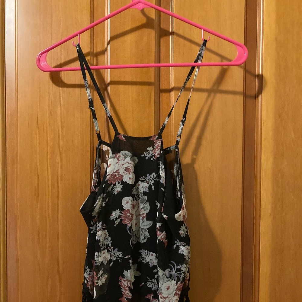 Forever 21 black floral tank with open back and tassels size small
